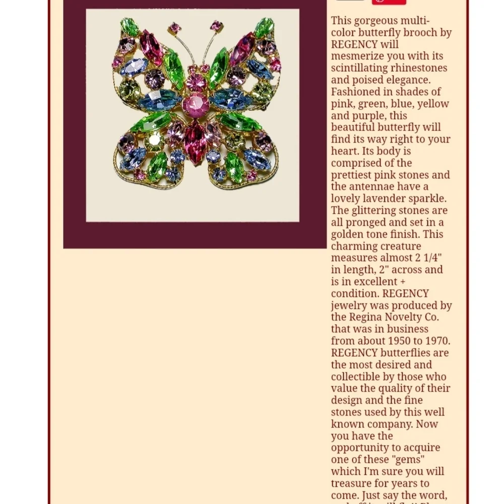 Vintage Multi-Color Crystal Butterfly Brooch by Regency Signed Authentic Pin